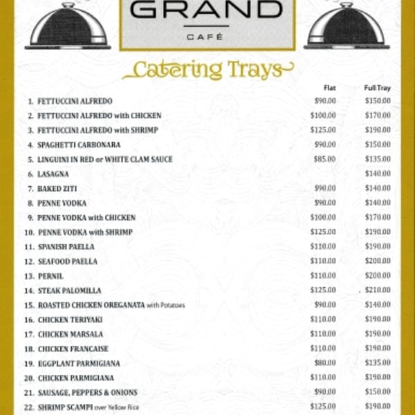 Jimmy's Grand Cafe catering menu lists pasta, chicken, and seafood dishes with prices for flat and full trays.