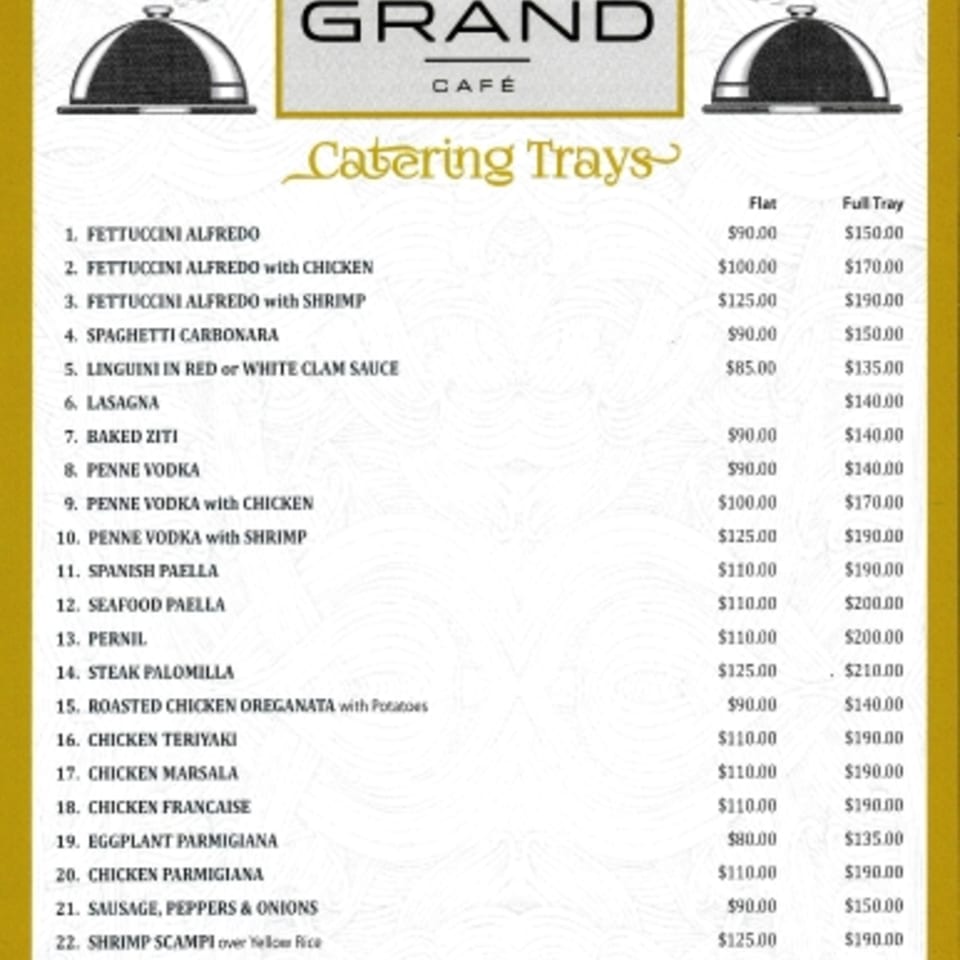 Jimmy's Grand Cafe catering menu lists pasta, chicken, and seafood dishes with prices for flat and full trays.