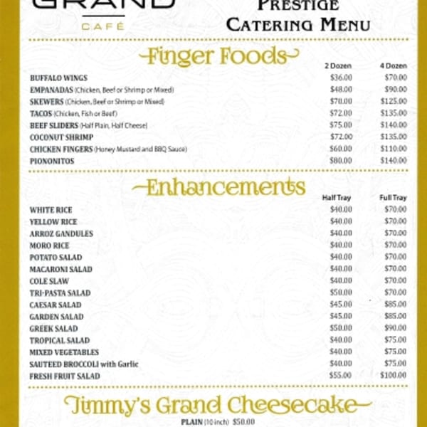 Jimmy's Grand Cafe catering menu displays finger foods, enhancements, and cheesecake options with prices.