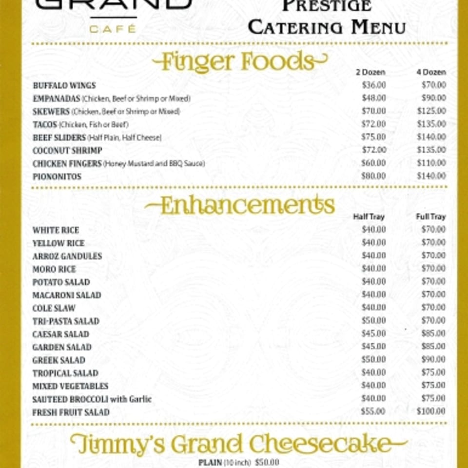 Jimmy's Grand Cafe catering menu displays finger foods, enhancements, and cheesecake options with prices.
