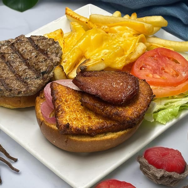 Jimmy's Grand Cafe burger with grilled patty, fried plantains, red onions, lettuce, tomato, and cheesy fries.