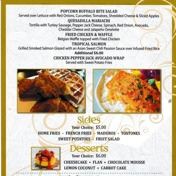 Menu displaying Fried Chicken & Waffle, Tropical Salmon, and a strawberry cheesecake dessert.
