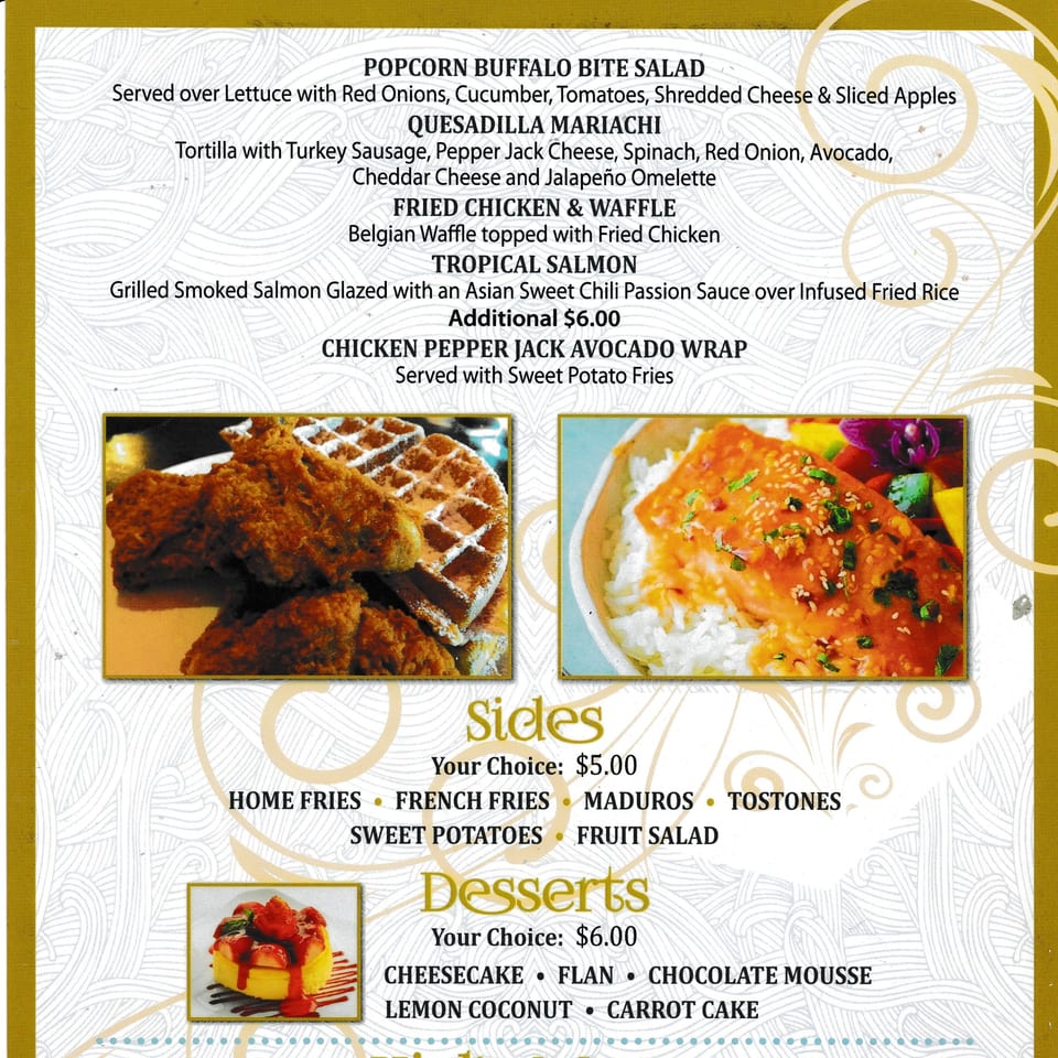 Menu displaying Fried Chicken & Waffle, Tropical Salmon, and a strawberry cheesecake dessert.