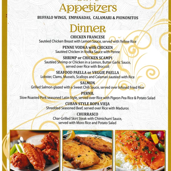 A restaurant menu with appetizers and dinner entrees, featuring three food images below.